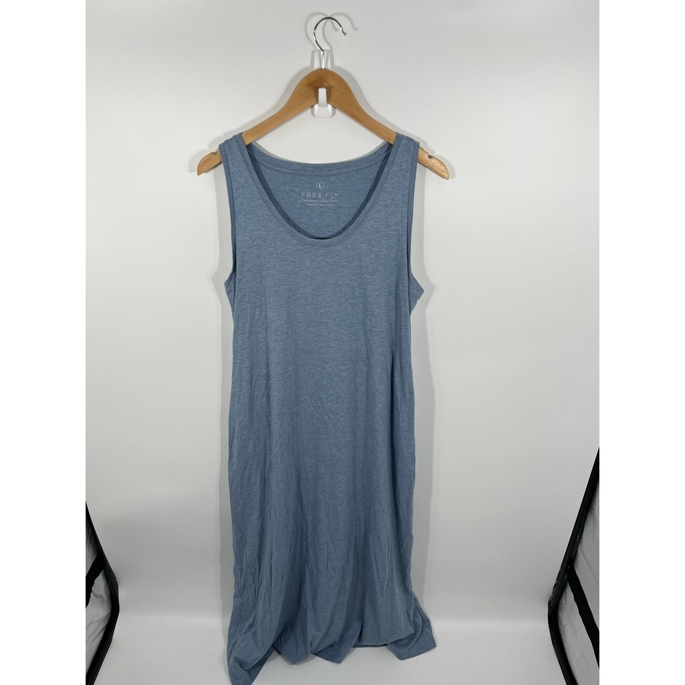 Free Fly Women Heritage Bamboo Tank Maxi Dress L Blue Resort Beach Coastal